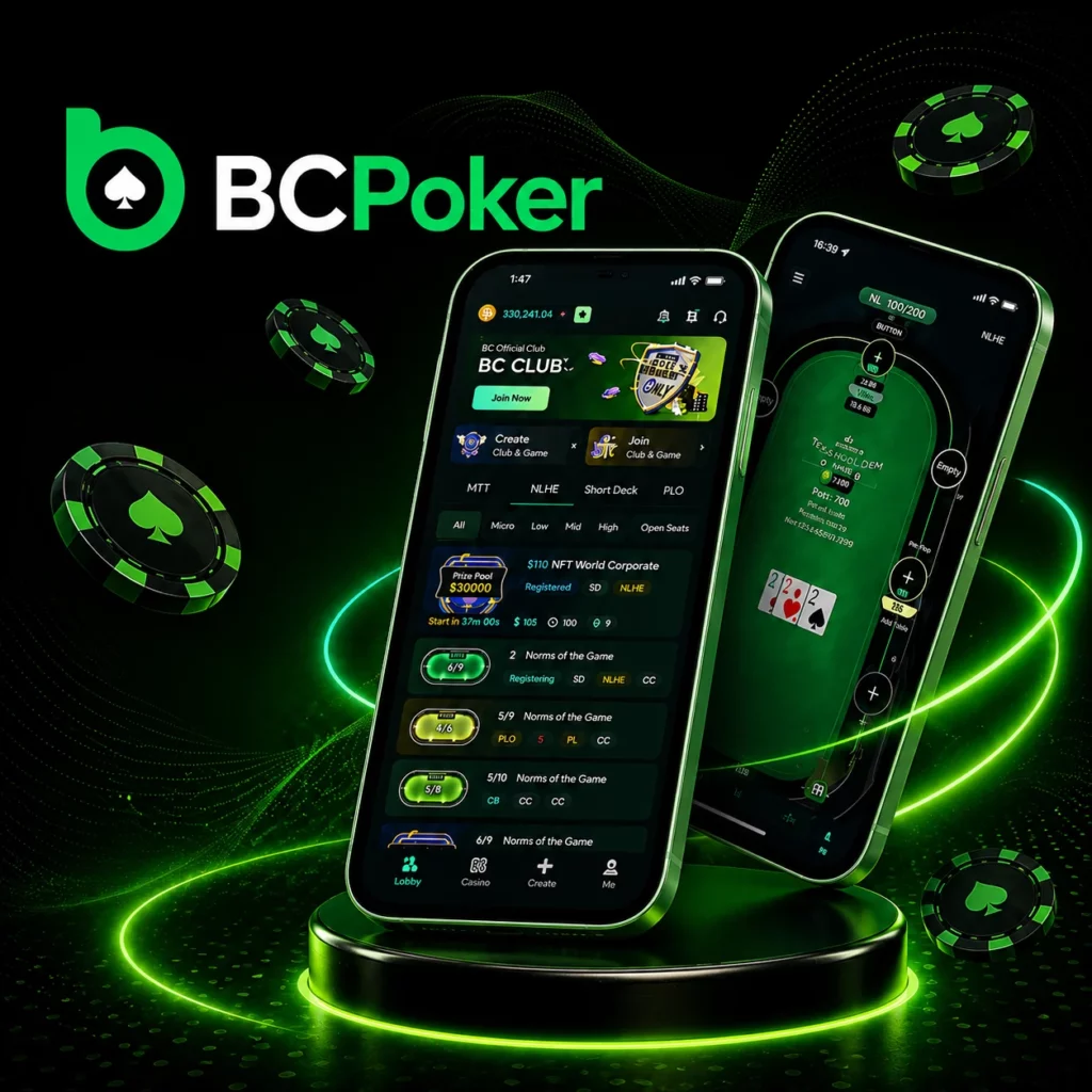 BC Poker mobile app banner with poker interface, neon green chips and smartphone gameplay visuals