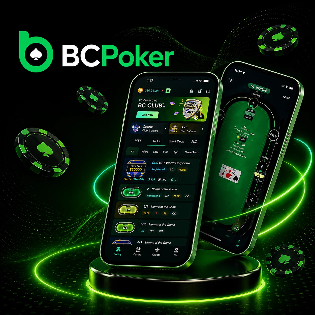 BC Poker mobile app banner with poker interface, neon green chips and smartphone gameplay visuals