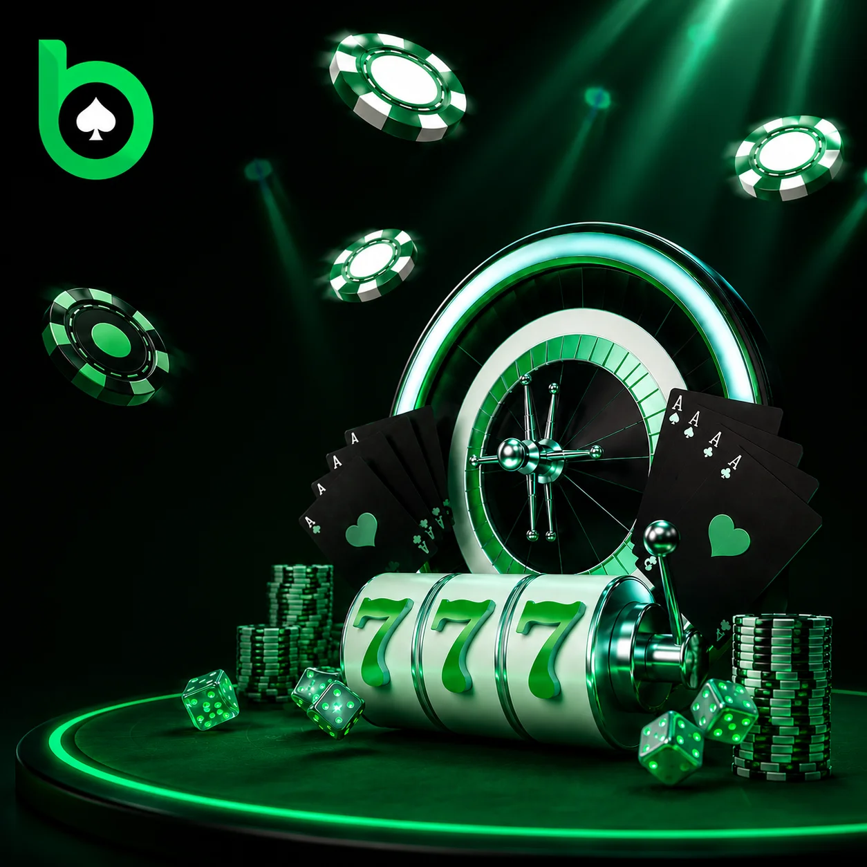 BC Poker casino themed banner with roulette wheel, poker cards, slot machine, chips and neon gaming visuals