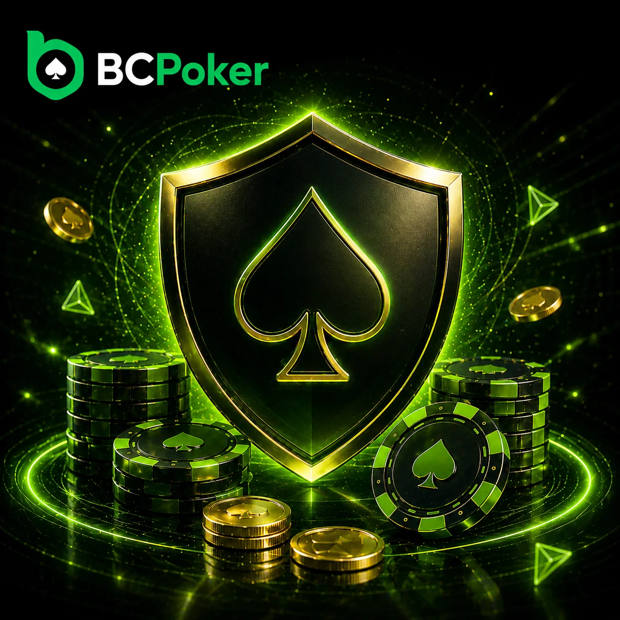 BC Poker security shield banner with glowing poker chips, gold coins and protected gaming visuals