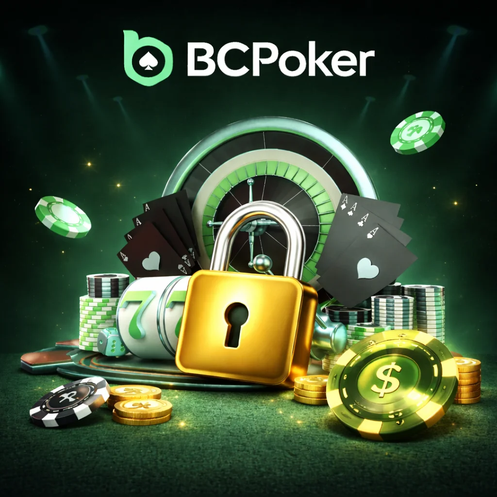BC Poker security banner with lock, poker chips, cards and protected casino gameplay visuals